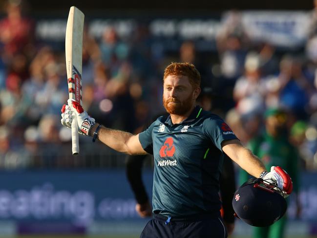 England's Jonny Bairstow celebrates his century. Picture: AFP