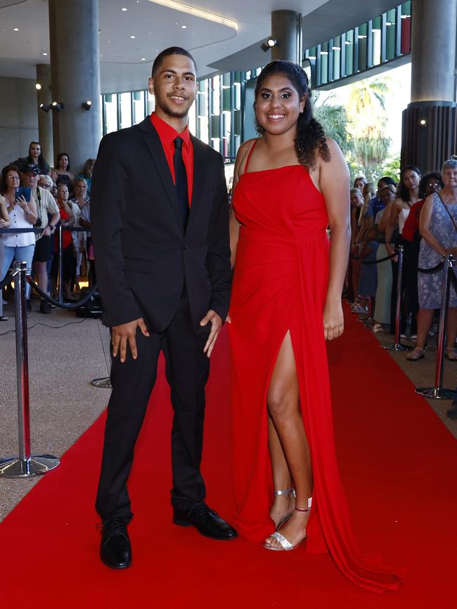 Alexa Dorner-Graham and Maia Kris arrive at the Trinity Bay High School formal evening, held at the Cairns Convention Centre. Picture: Brendan Radke