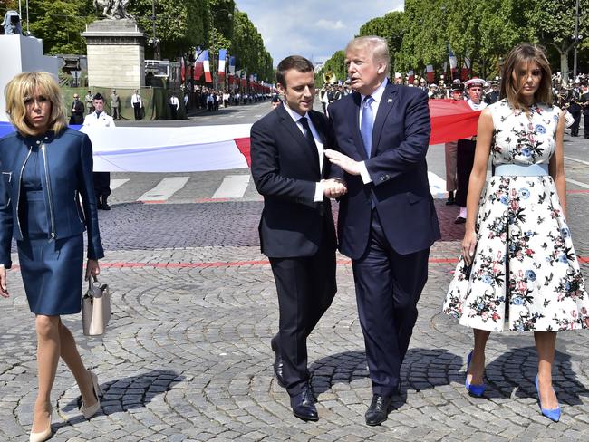 Trump pictured with French President Emmanuel Macron, First Lady Melania Trump, right, and Brigitte Macron, left. Many poll respondents don’t trust his ability as a world leader. Picture: Christophe Archambault.