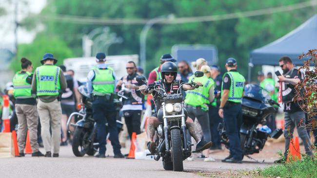 A combined law enforcement operation targeted members of the Hells Angels MC on the Stuart Highway south of Darwin. Picture: Glenn Campbell