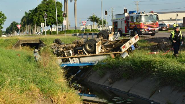 A truck crash near the intersection of Duckworth and Woolcock streets in Garbutt. Picture: Natasha Emeck