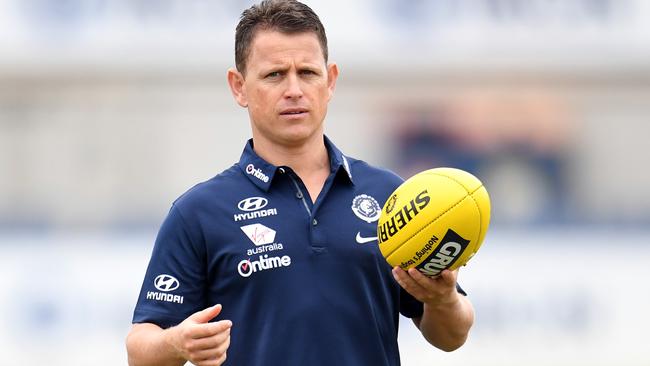 Coach of the Carlton Blues Brendon Bolton is seen during training at Ikon Park in Melbourne, Thursday, April 5, 2018. Carlton play Collingwood on Friday night in round three of the AFL. (AAP Image/Julian Smith) NO ARCHIVING