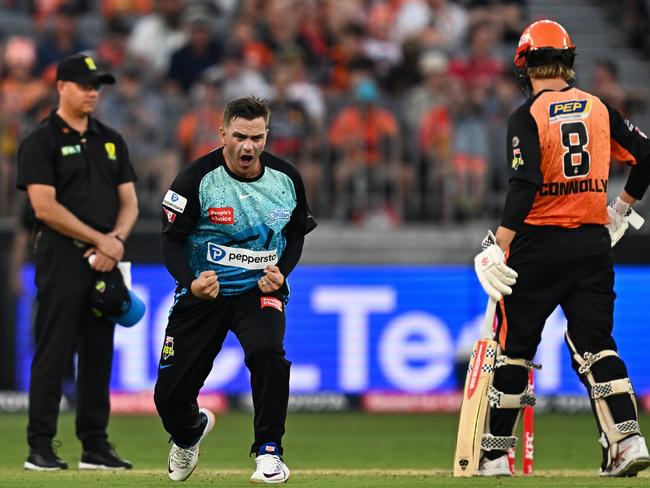 Cameron Boyce of the Adelaide Strikers celebrates taking a wicket during a BBL match against the Perth Scorchers. Picture: Daniel Carson/Getty Images