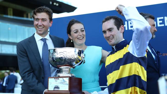 Annabel Neasham (centre) had booked Tyler Schiller (right) to ride Lady Laguna in the Coolmore. Picture: Jeremy Ng/Getty Images