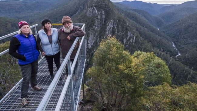 Nietta Action Group members (L-R) Meaghan Flannery, Amarlie Crowden and Darren Gibsonat at Leven Canyon in northwest Tasmania. The group say natural values will be destroyed if a planned Robbins Island Wind Farm high transmission line crossing of the canyon goes ahead. Chris Crerar/The Australian