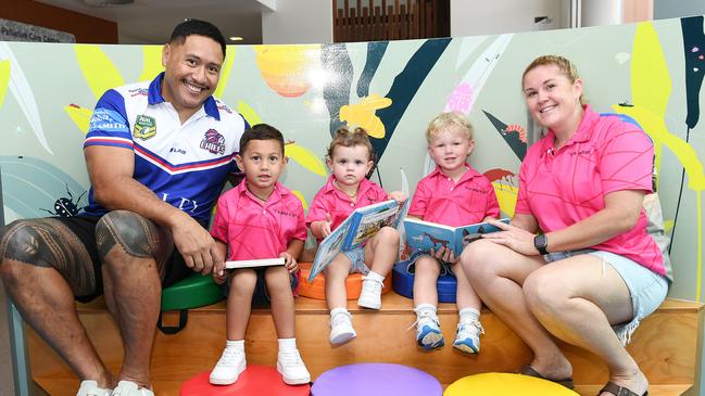 Townsville Chiefs player Berry Tuia with Kim Lawton's grandchildren Hazley, Betsy and Burkley, and daughter Brooke White at Townsville University Hospital’s palliative care unit. Picture: Shae Beplate