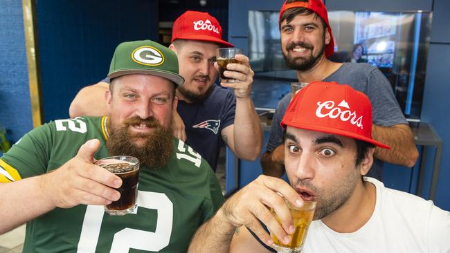 Watching the NFL Super Bowl at George Banks are (from left) Josh Kemp, Nick Myatt, Lawson Smith and Mark Aboud. Picture: Kevin Farmer