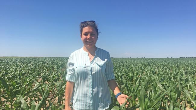 Flurosat ceo Anastasia Volkova in a corn crop in the Midwest of the US. Picture: Supplied.