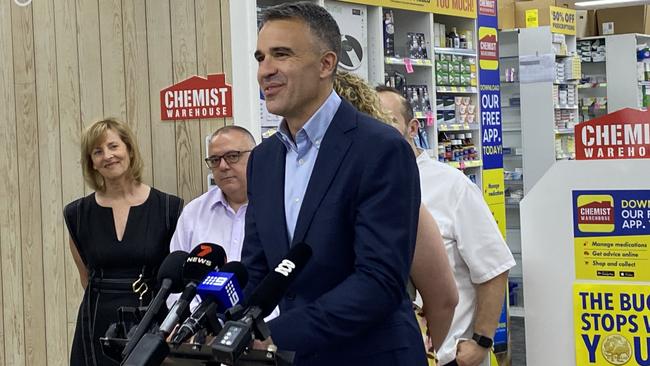 Premier Peter Malinauskas announcing three 24/7 around-the-clock pharmacies which the state government says will “reduce pressure” on hospital emergency departments. Photo: Douglas Smith