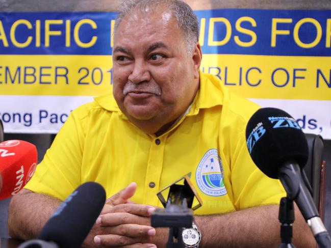 Nauru's President Baron Waqa attends a press conference after the Small Island States meeting in Aiwo on September 3, 2018, ahead of the start of the Pacific Islands Forum (PIF). - Official talks at the 18-nation Pacific Islands Forum (PIF) starting on September 3 will centre on the threat climate change poses to island states and China's rising influence in the region. (Photo by Mike LEYRAL / AFP)