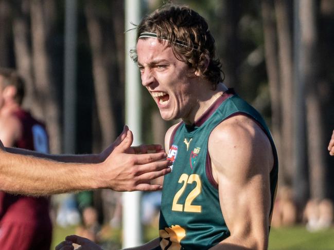 Tasmanian sharp-shooter Brandon Leary celebrates a goal against Queensland. Picture AFLQ Media