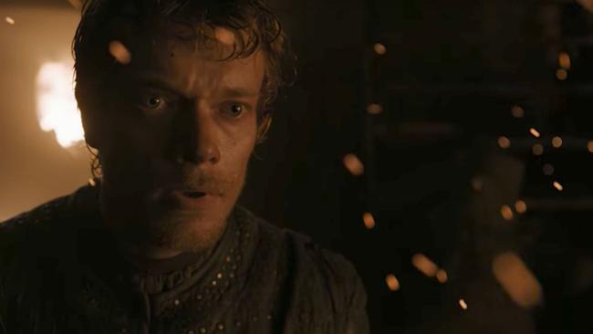 Theon is not looking happy. Has he just seen a “friendly” dragon turn on his sister?