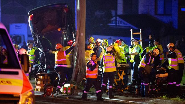 Police believe the driver lost control of the sedan while driving west on the Great Western Highway. Picture: Steve Tyson