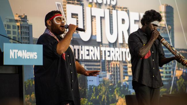 Youth Mills performs Welcome to Country at the NT News Futures Northern Territory forum 2024. Picture: Pema Tamang Pakhrin