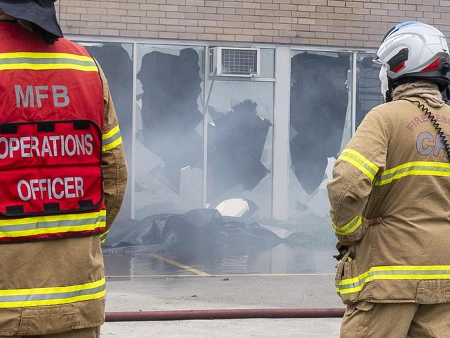 Factory Fire, Mordialloc. Emergency services attend a factory fire at Cellarack Wine Racks in Mordialloc. Picture: Jake Nowakowski