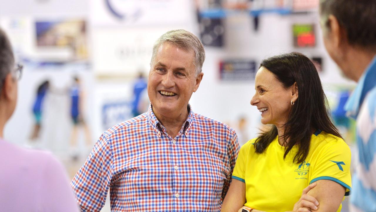 Australian Opals Basketball team training in Mackay leading up to the Commonwealth Games. Mackay Mayor Greg Williamson with Sandy Brondello in 2018. Picture: Stuart Quinn