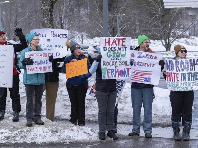 Protesters in Waitsfield, Vermont, encouraged the Vance family to “go ski in Russia.” Picture: Jeff Knight/The Valley Reporter via AP