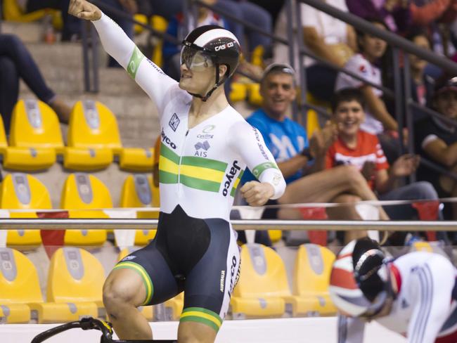 Matthew Glaetzer celebrates after winning gold in the UCI Cycling track World Cup men's sprint final in Guadalajara, Mexico.