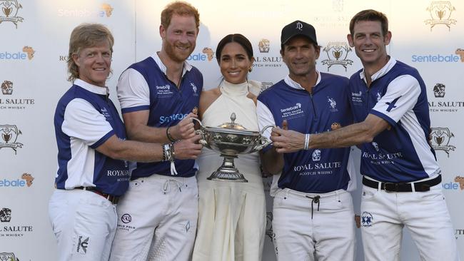 Dana Barnes, Prince Harry, Meghan, Duchess of Sussex, Adolfo Cambiaso and Malcolm Borwick at the Polo Club in Florida. Picture: Jason Koerner/Getty Images for Sentebale