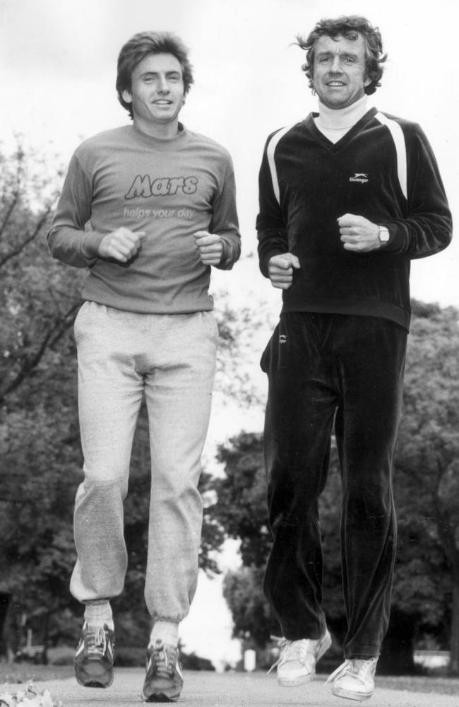 Always been a running fan: Bruce McAvaney running with radio presenter Ken “KG” Cunningham in 1979.