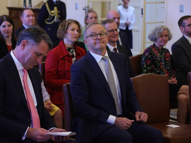 Anthony Albanese looks towards the media before he is sworn-in as Prime Minister. Picture: Getty