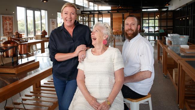 Maggie Beer with daughter Elli and Tim Bourke at The Farm Eatery. Picture Matt Turner