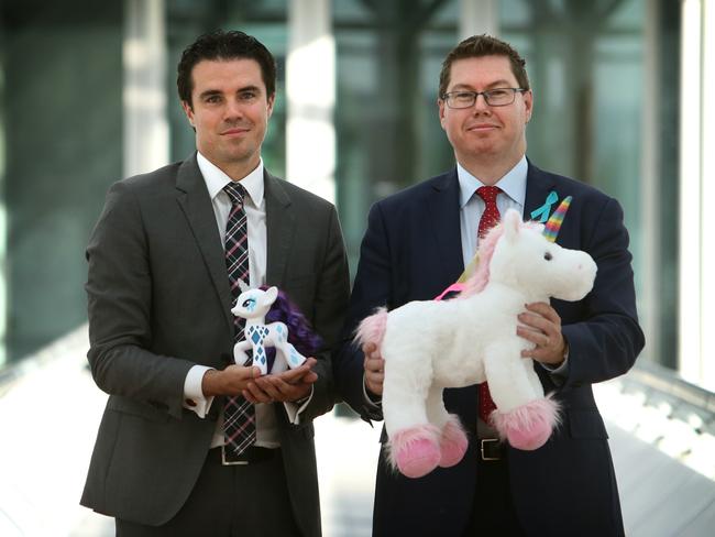 Labor MPs Tim Watts and Pat Conroy demonstrate some toys of the trade at Parliament House. Picture: Kym Smith