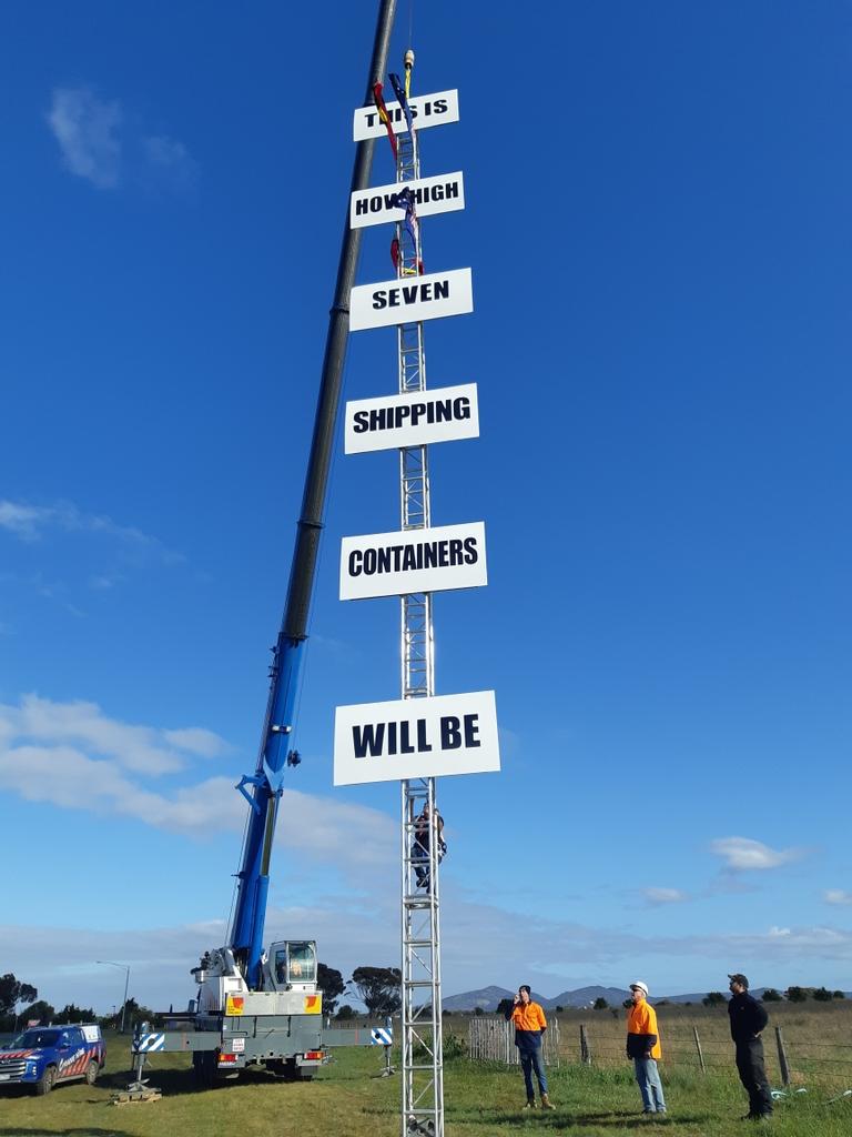 Protesters are using cranes to demonstrate the height of the proposed freight terminal. Picture: Supplied