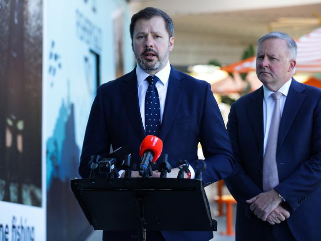 Ed Husic speaks during a press conference with Anthony Albanese. Picture: NCA Newswire / Gaye Gerard