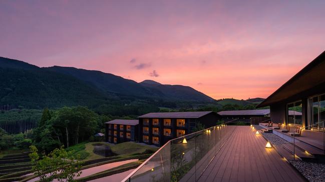 A deck overlooking the rice terraces at KAI Yufuin.