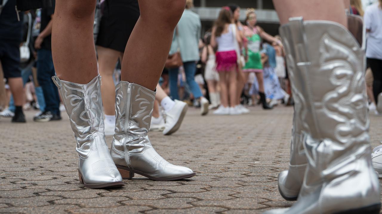 Some metallic cowgirl boots in honour of Taylor’s country roots. Picture: NCA NewsWire / Flavio Brancaleone