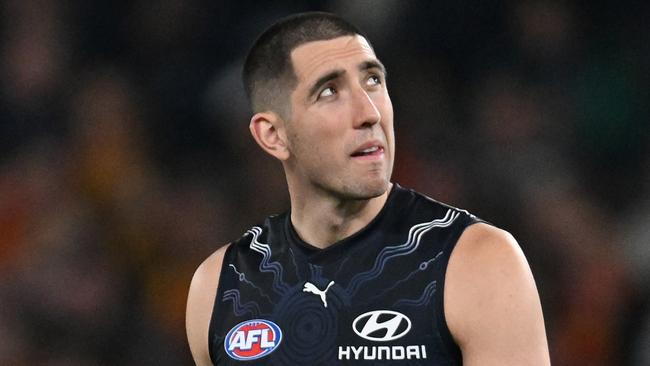 MELBOURNE, AUSTRALIA - MAY 25: Jacob Weitering of the Blues looks on during the round 11 AFL match between Carlton Blues and Gold Coast Suns at Marvel Stadium, on May 25, 2024, in Melbourne, Australia. (Photo by Daniel Pockett/Getty Images)