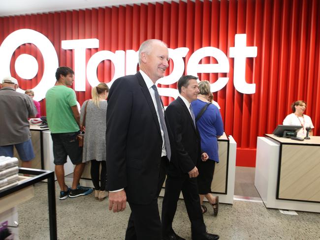 Richard Goyder, Wesfarmers Managing Director and Terry Bowen, Wesfarmers Finance Director touring Target store at Cockburn Gateway Shopping Centre in Success, Perth.
