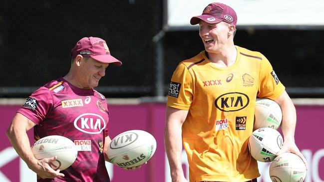 Coach Kevin Walters with Tyson Gamble, Brisbane Broncos training, Red Hill. Photographer: Liam Kidston