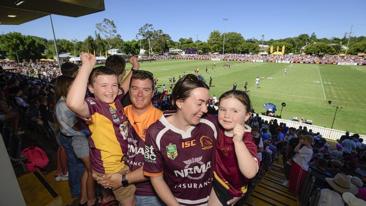 Tamara and Mick Markey of Dalby with their kids Chase and Lexi at the NRL Pre-Season Challenge game between Broncos and Titans at Toowoomba Sports Ground, Sunday, February 16, 2025. Picture: Kevin Farmer