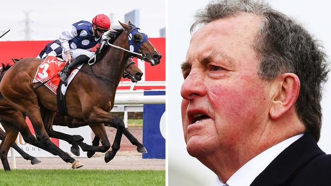 Johnny Get Angry (left) wins the Victoria Derby for AFL premiership-winning coach turned trainer, Denis Pagan (right). Pictures: Getty Images