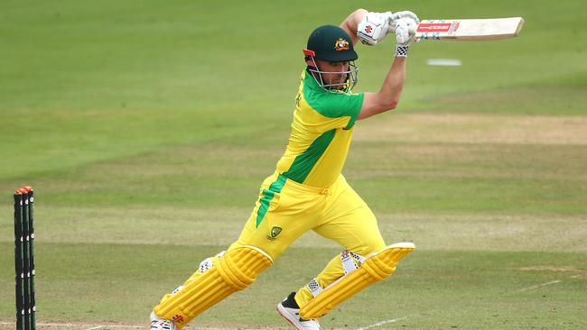 Aaron Finch in action during the Aussies’ inter-squad T20 warm-up match at Ageas Bowl in Southampton, England. Picture: Charlie Crowhurst/Getty Images