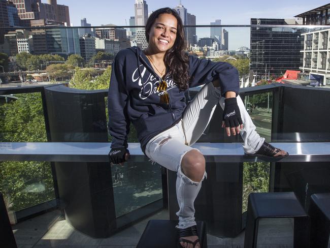 Rodriguez didn’t even have a drivers’ licence when she signed on for The Fast and The Furious. But she learnt to love cars — so much so she came to Melbourne for the F1 Grand Prix in 2014. Picture: Sarah Matray