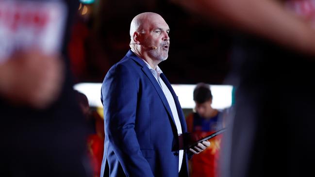 Jason Dunstall speaks in the pre-game ceremony for Spud’s Game. (Photo by Michael Willson/AFL Photos via Getty Images)