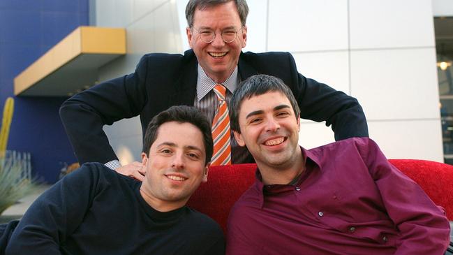 Google CEO Eric Schmidt, top, and co-founders Sergey Brin, left, and Larry Page in 2004. Pic: AP