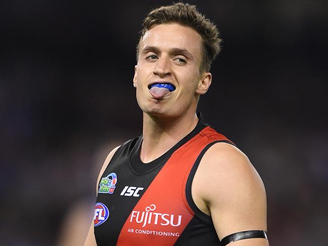 Orazio Fantasia of the Bombers reacts after kicking a goal during the Round 5 AFL match between the North Melbourne Kangaroos and the Essendon Bombers at Marvel Stadium in Melbourne, Friday, April 19, 2019. (AAP Image/Julian Smith) NO ARCHIVING, EDITORIAL USE ONLY