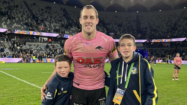 Penrith co-captain and Kangaroos rookie Isaah Yeo, whose uncle Gerard Yeo died in the Bali bombing, meets up with Parramatta-crazy brothers Beau Elkin, 10, and Jordi Elkin, 13, whose uncle Dave Mavroudis died alongside his Coogee Dolphins’ mates in the Sari Club.