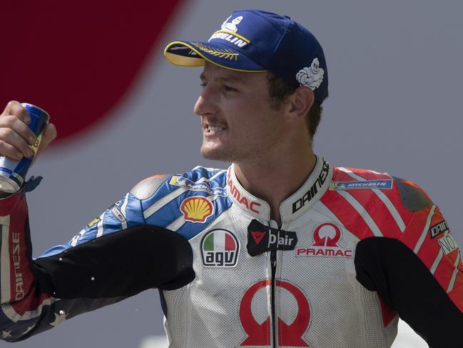 BRNO, CZECH REPUBLIC - AUGUST 04:  Jack Miller of Australia and Pramac Racing celebrates the third place on the podium at the end of the motoGP race during the MotoGp of Czech Republic - Race at Brno Circuit on August 04, 2019 in Brno, Czech Republic. (Photo by Mirco Lazzari gp/Getty Images)