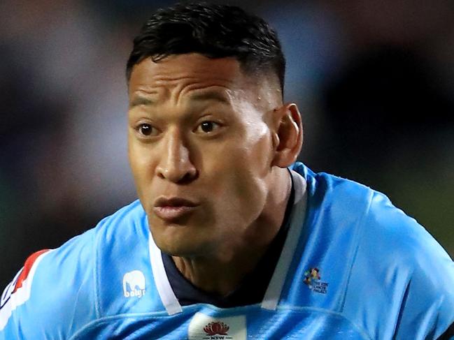 SYDNEY, AUSTRALIA - MAY 05:  Israel Folau of the Waratahs runs the ball during the round 12 Super Rugby match between the Waratahs and the Blues at Lottoland on May 5, 2018 in Sydney, Australia.  (Photo by Mark Evans/Getty Images)