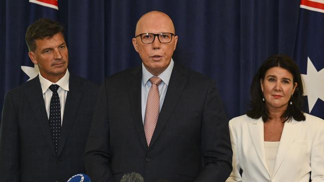 Opposition Leader Peter Dutton, with opposition treasury spokesman Angus Taylor and opposition finance spokeswoman Jane Hume, in Canberra on Tuesday. Picture: Martin Ollman / NCA NewsWire