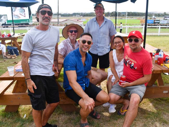 Rob Fedele, Geoff Shingleback, Brian Phan, David Peterson, Chi Nguyen and Matthew Northey having an action-packed day at the Ladbrokes Stony Creek Cup on Sunday, March 09, 2025. Picture: Jack Colantuono