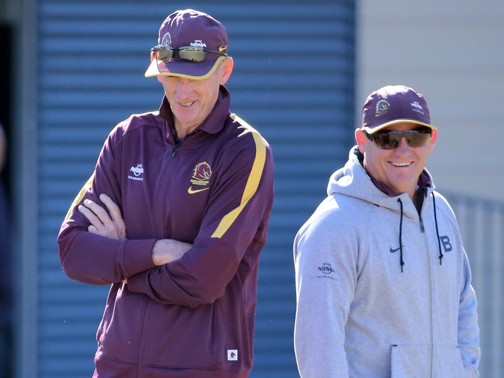 Former colleagues turned rivals Wayne Bennett and Kevin Walters. Picture: Jono Searle.