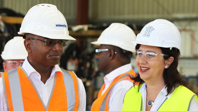 Adani CEO Jeyakumar Janakara and Premier Annastacia Palaszczuk at an announcement in Mackay of the go-ahead of the Carmichael megamine.