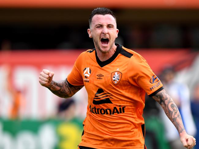 BRISBANE, AUSTRALIA - NOVEMBER 17: Roy O'Donovan of the Roar celebrates scoring a goal during the round six A-League match between Brisbane Roar and Melbourne City at Dolphin Stadium on November 17, 2019 in Brisbane, Australia. (Photo by Bradley Kanaris/Getty Images)