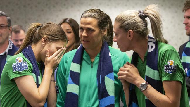 Matildas stars Steph Catley, Lydia Williams and Alanna Kennedy celebrate Australia and New Zealand’s successful World Cup bid. Picture: Getty Images